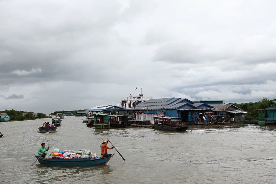 tonle sap lake, cambodia, floating homes, floating houses, transportation, HD wallpaper