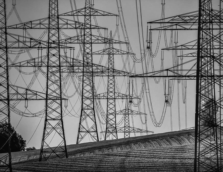 grayscaled photography of electric post, steel, strommast, structure HD wallpaper