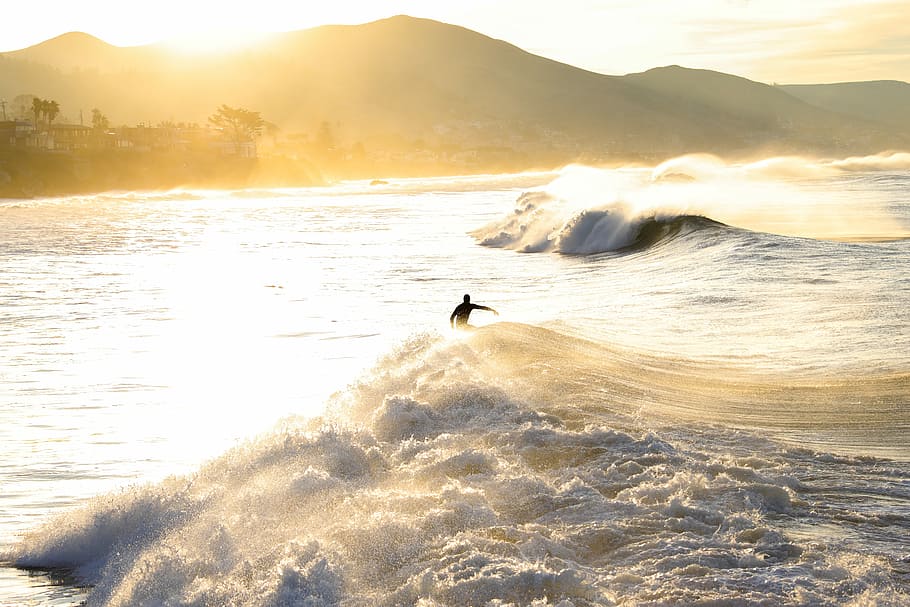 Sunrise Session, person surfing on sea waves, surfer, water, mist HD wallpaper