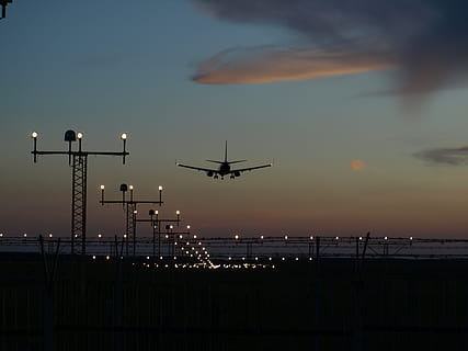 silhouette of airline, jet, landing, plane, sunset, light, airliner HD wallpaper