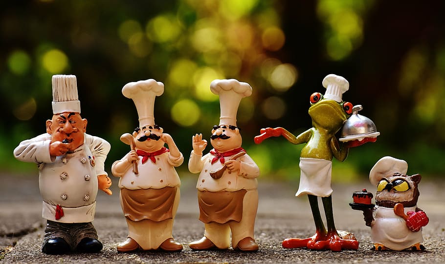 five chef figurines in tilt shift photography, chefs, figures, HD wallpaper