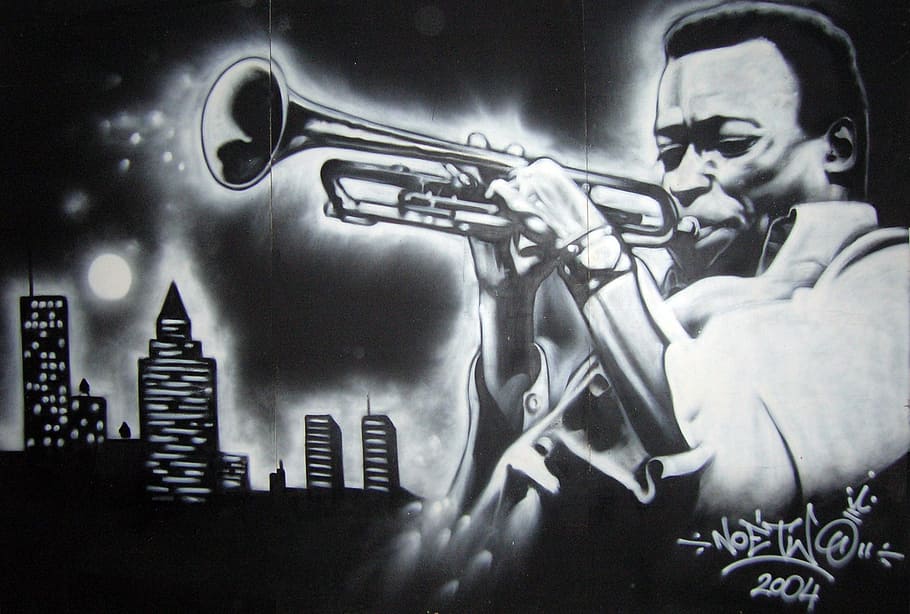 man with trumpet painting, miles davis, musician, jazzman, grafiti, HD wallpaper