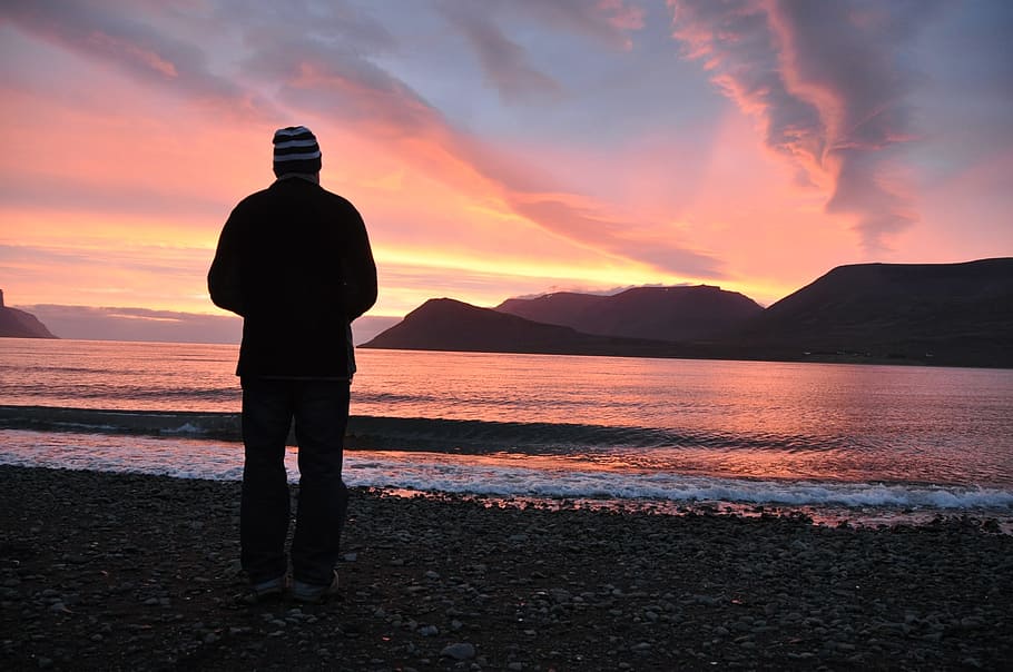 Sunset, Alone, View, Sea, silhouette, one man only, dramatic sky HD wallpaper