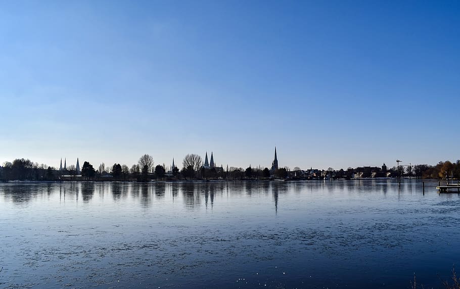 waters, reflection, lake, sky, river, lübeck, winter mood HD wallpaper