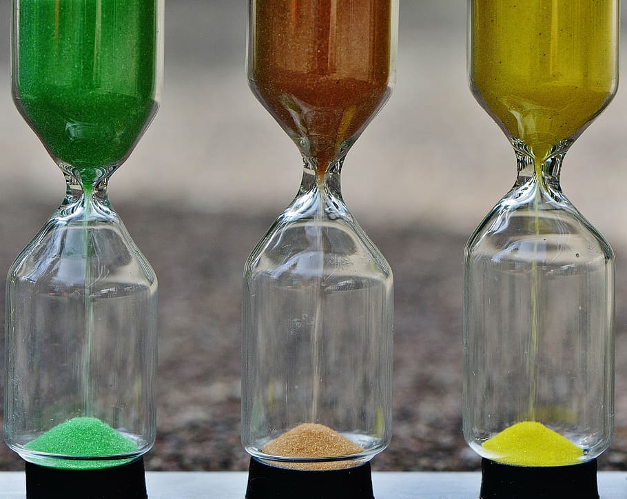 three green, brown, and green hourglasses, time, sand, transience HD wallpaper