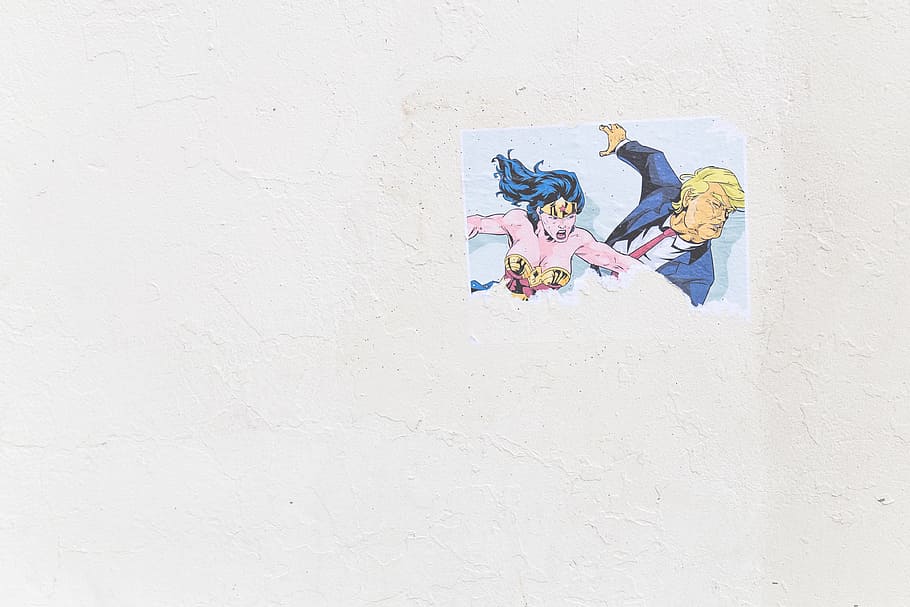 wall, white, poster, superhero, wonderwoman, trump, wall - building feature HD wallpaper