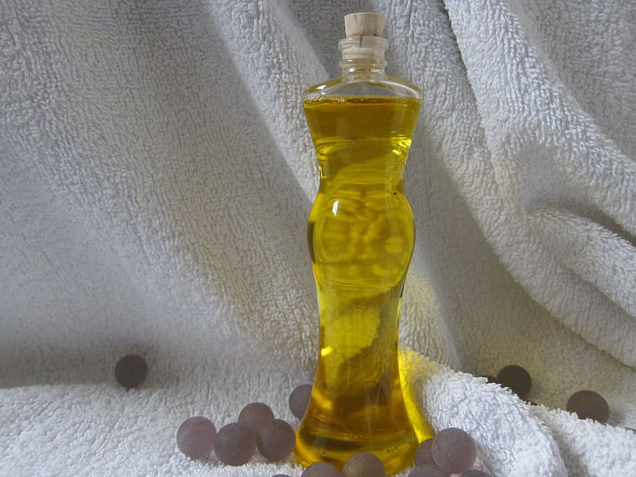 clear glass bottle on white fleece textile, bath oil, natural, HD wallpaper