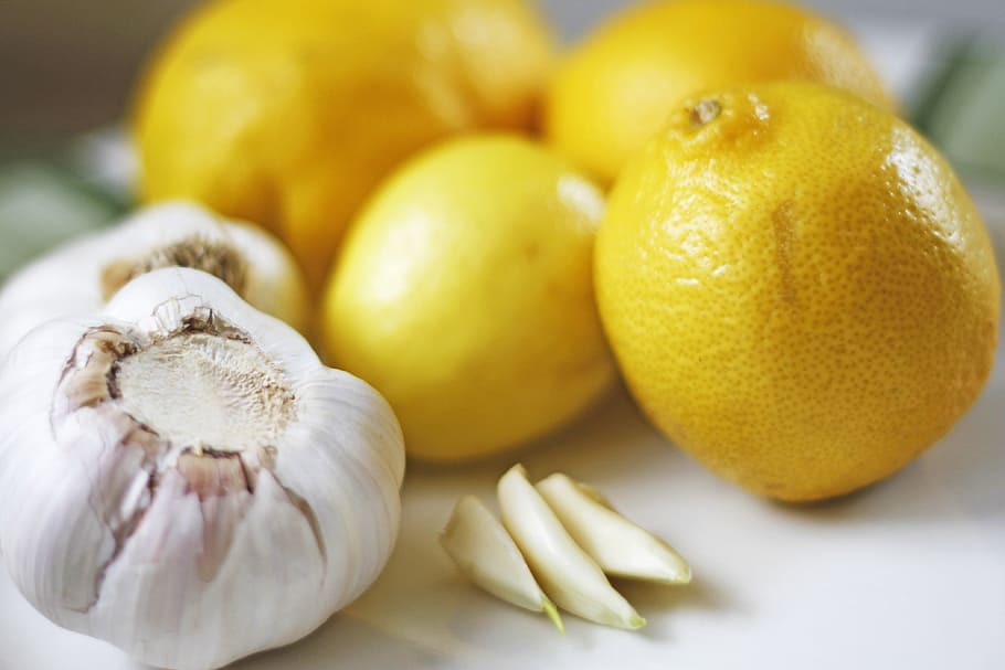orange fruits and garlic, lemons, vegetables, dish, cuisine HD wallpaper