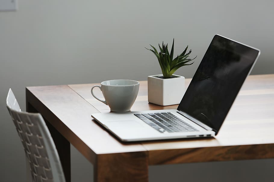 flip-on gray laptop computer near white ceramic teacup on brown table HD wallpaper