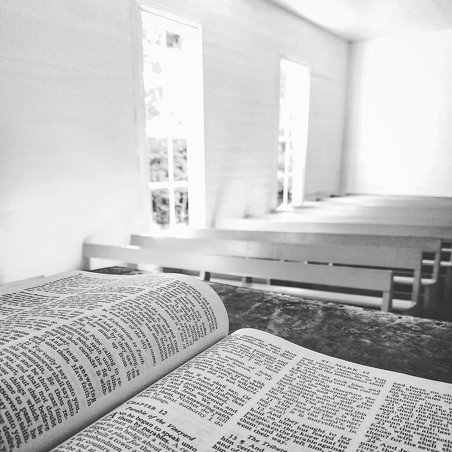 bible, book, reading, altar, bench, church, chapel, door, indoors HD wallpaper