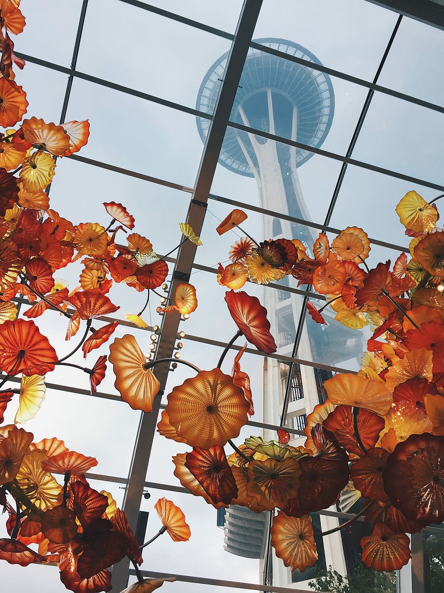 Chihuly Glass and Garden View, yellow and red flowers under a clear glass ceiling HD wallpaper