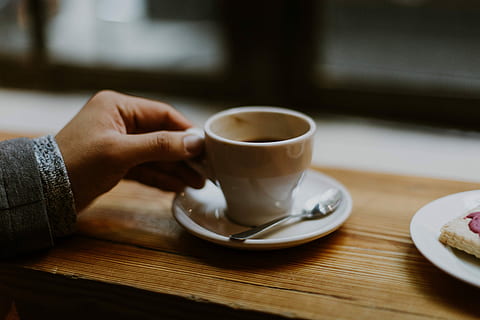 person holding white ceramic mug, saucer and spoon, cup, coffee - Drink HD wallpaper