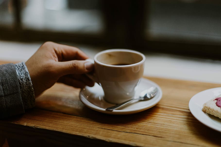 person holding white ceramic mug, saucer and spoon, cup, coffee - Drink HD wallpaper