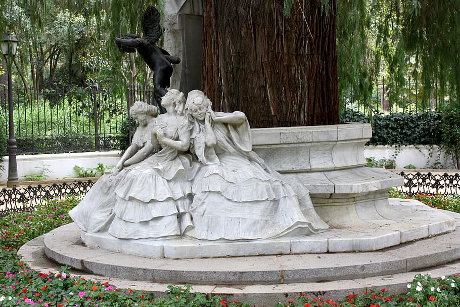 three women statues, becquer, park, sculpture, monument, spain HD wallpaper