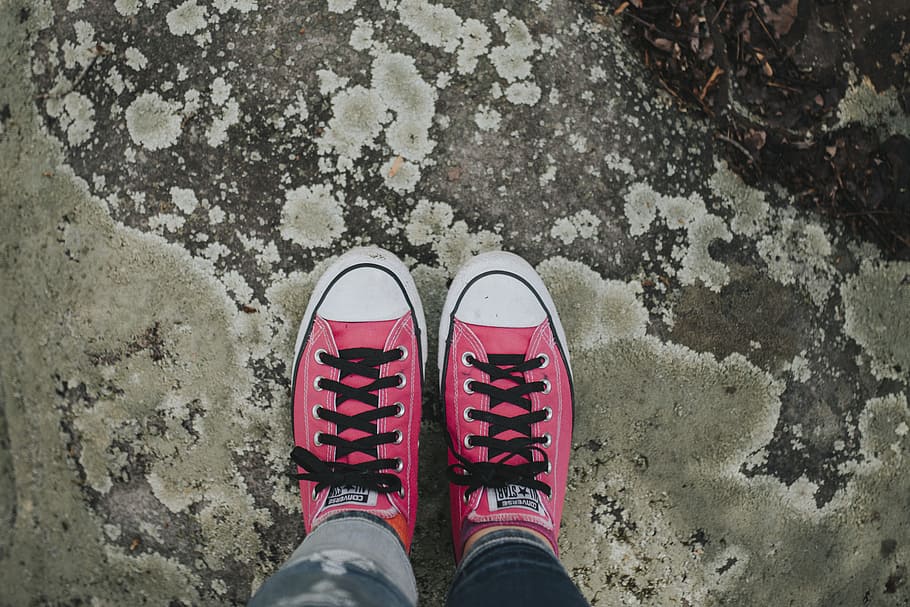 person wearing pink sneakers, person wearing pair of white-and-pink Converse All-Star low-tops, HD wallpaper