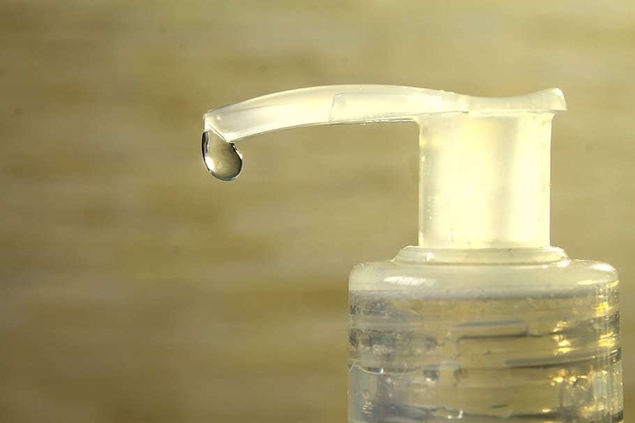 pump squeeze bottle, alcohol gel, hygiene, disinfect, clean, drop