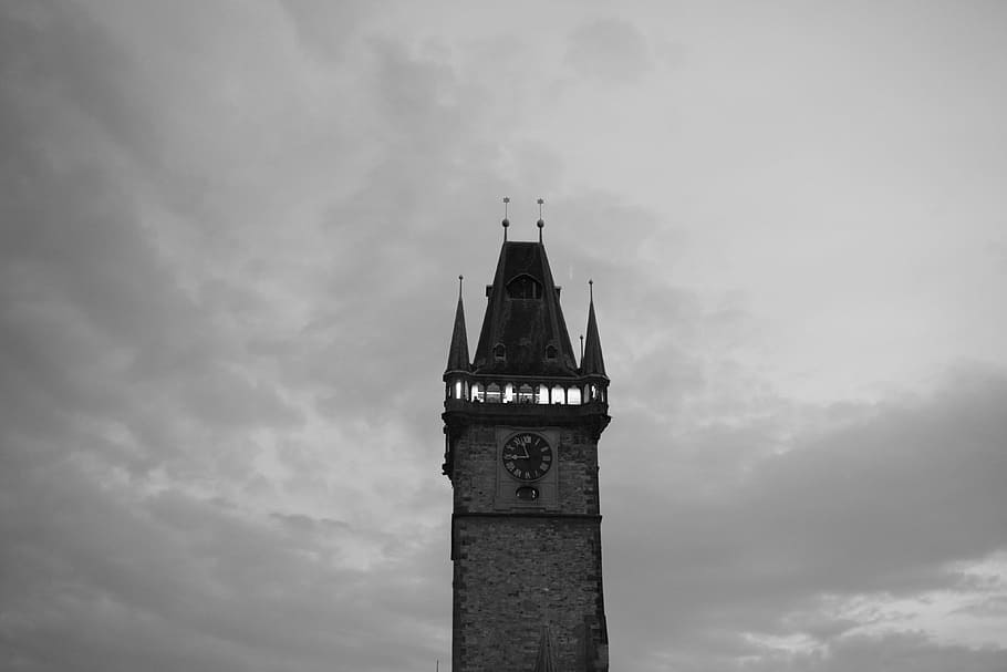 tower, prague, black and white, architecture, clock, church HD wallpaper