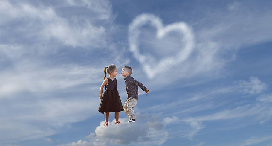 boy and girl on cloud during daytime, Love, Heart, Romance, Romantic