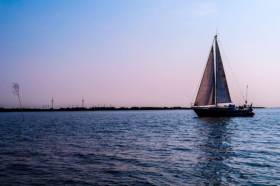 brown sail boat on sea, husum, north sea, sky, coast, nordfriesland