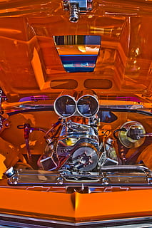 chrome engine bay in orange car, chrome-colored and gray vehicle engine on car HD wallpaper