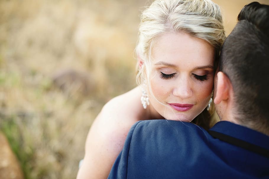 couple hugging on selective focus photo, wedding make-up, lashes, HD wallpaper