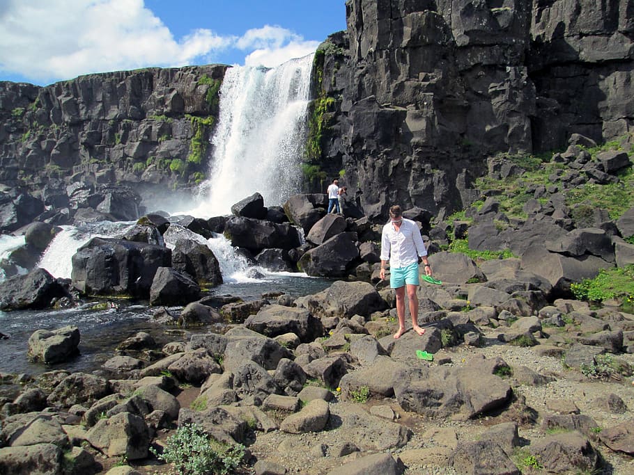 Waterfall, Thingvellir, Iceland, rock - object, rear view, outdoors HD wallpaper