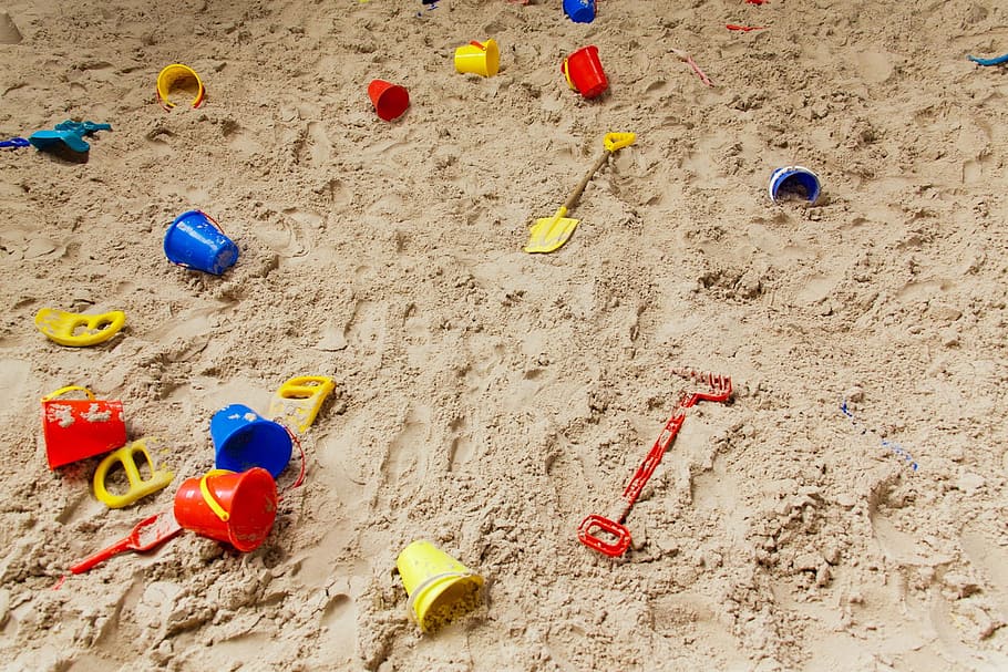 assorted plastic sand toys, childhood, sand pit, play, playground