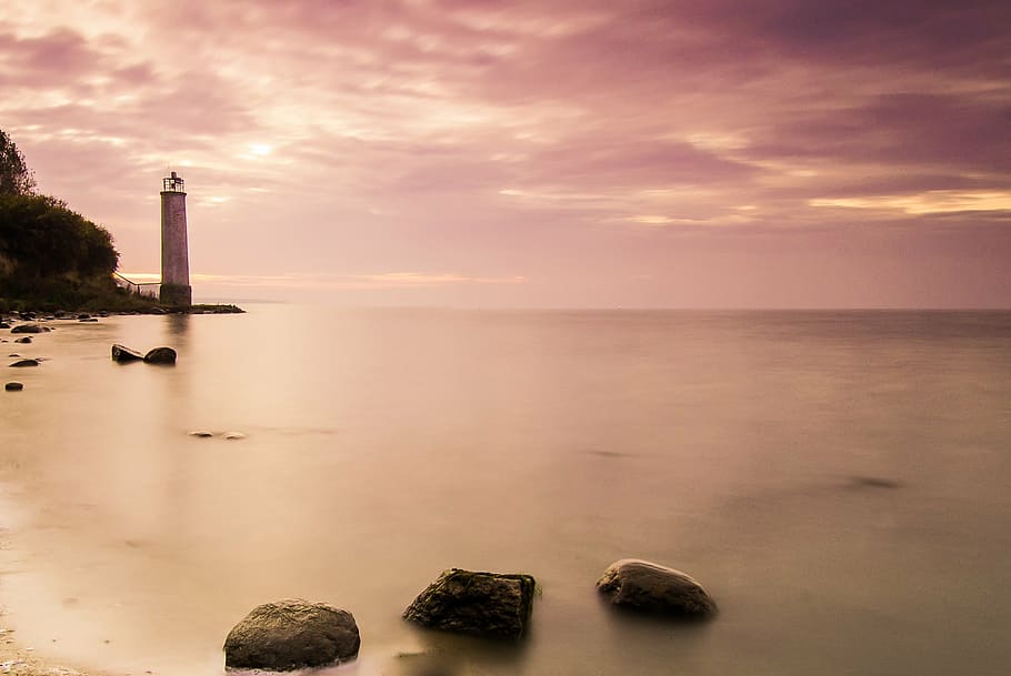 lighthouse, sunset, rügen, lighting, sea, nature, water, coastline HD wallpaper