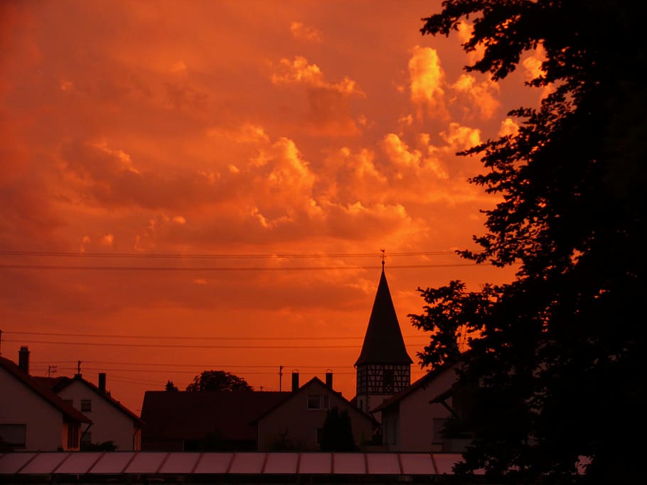 sunset, red, sky, clouds, orange, mood, evening, evening sky HD wallpaper