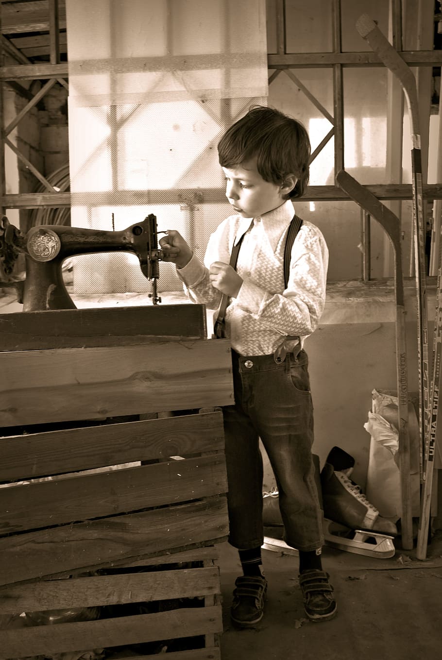 rustic, boy, sewing machine, barn, rural landscape, european boy HD wallpaper