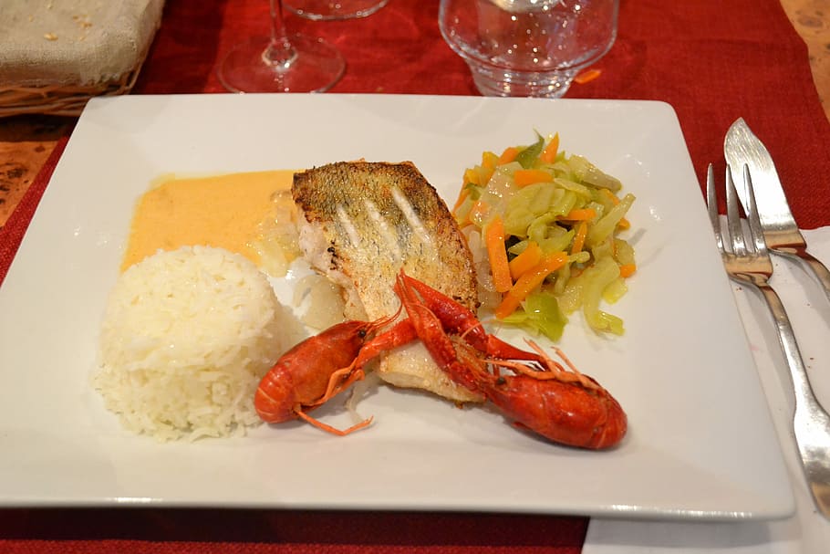 Fish, Rice, Vegetables, Shrimp, Gambas, plate, flat, meals HD wallpaper