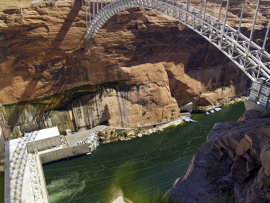 glen canyon dam, power plant, colorado river, steel bridge, HD wallpaper