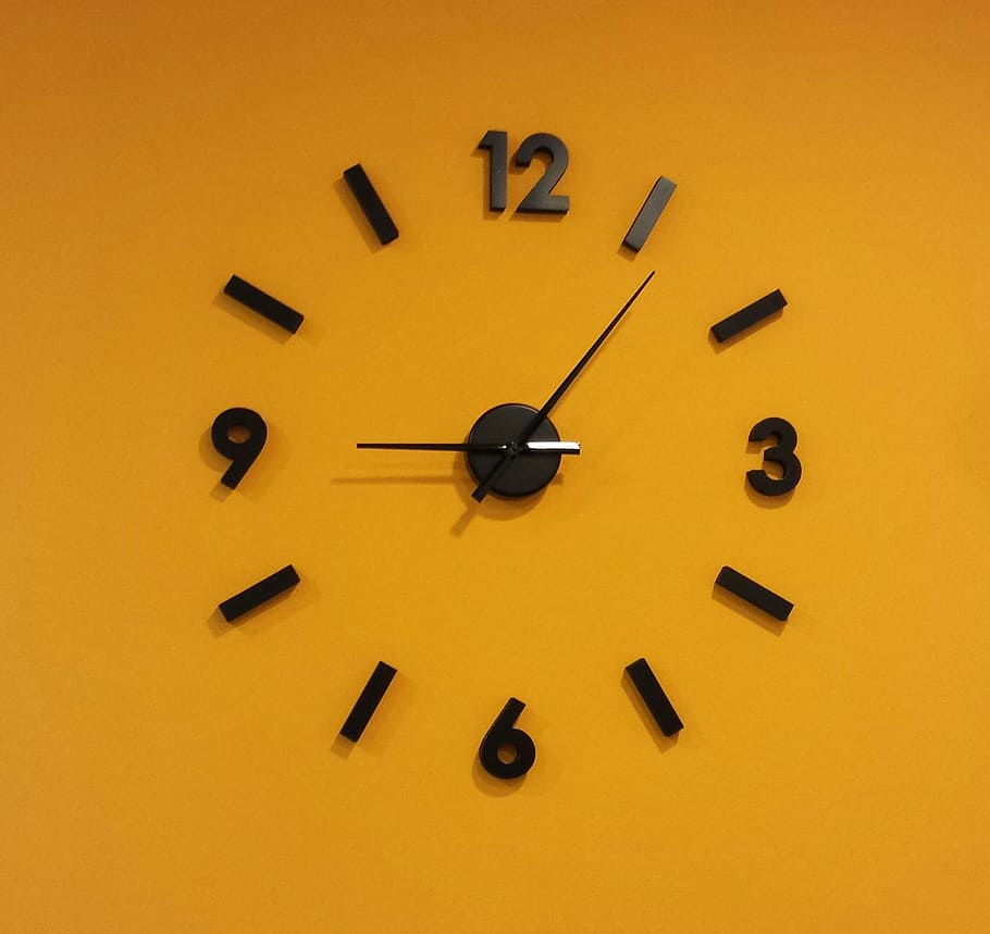 Clock, Orange, Wall, Hour, Time, minute hand, hour hand, clock face HD wallpaper