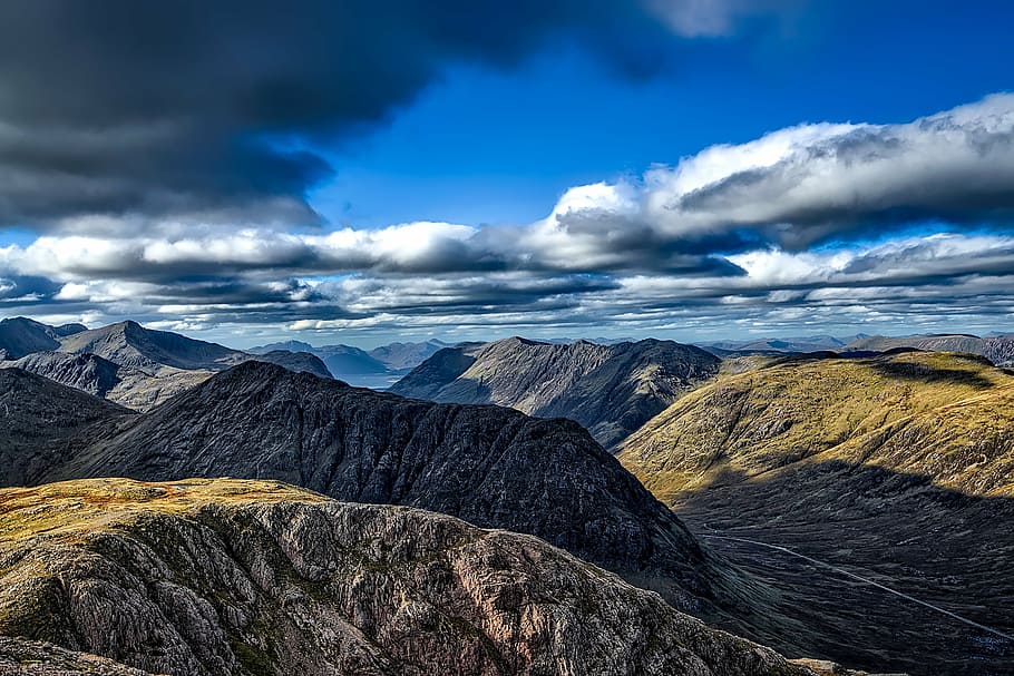 top view of mountain under clear sky during day, glen coe, scotland HD wallpaper