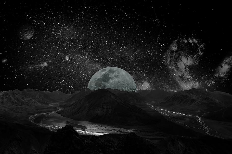 photography of mountain, moon, universe, space, milky way, background