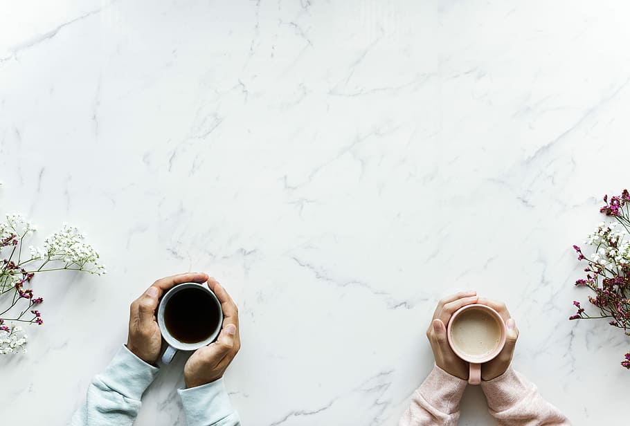 two person holding ceramic mugs filled with coffee, tea, table HD wallpaper