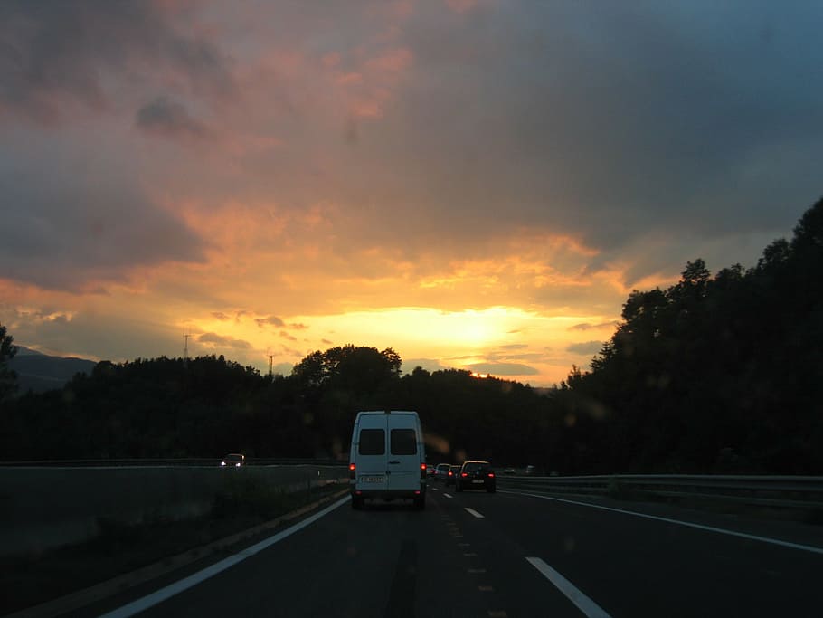sunset, way, view, night, travel, transportation, mode of transportation HD wallpaper