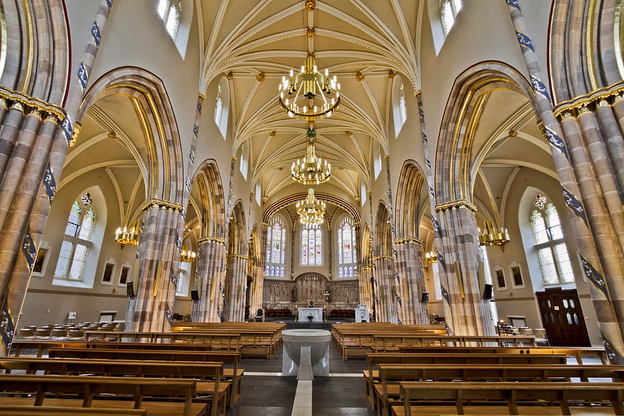 photography of cathedral interior, pendant, chandeliers, architecture