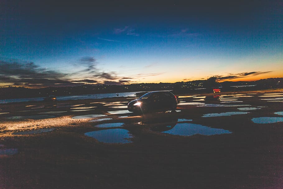 black vehicle under clear blue sky during dawn, car, wet, field HD wallpaper