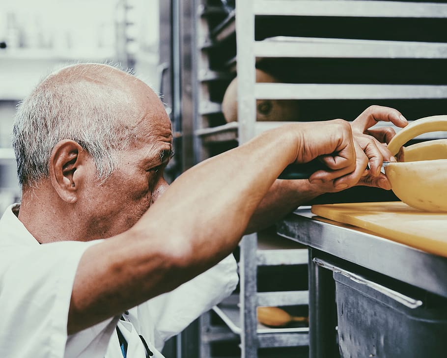 man in white top baking pastry, people, old, baker, restaurant HD wallpaper