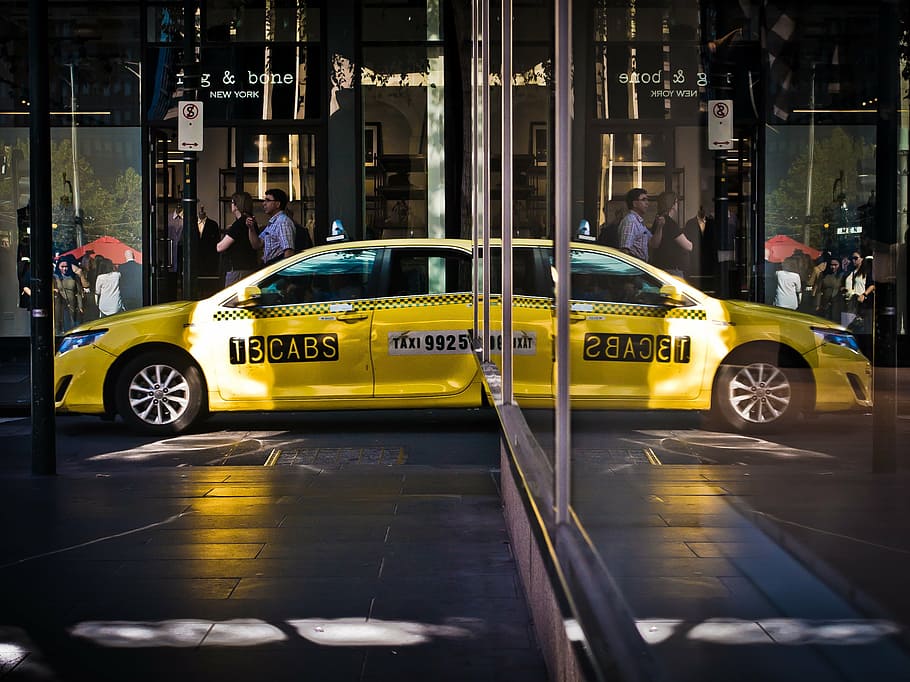 yellow Taxi cab, car, vehicle, transportation, city, urban, road, HD wallpaper