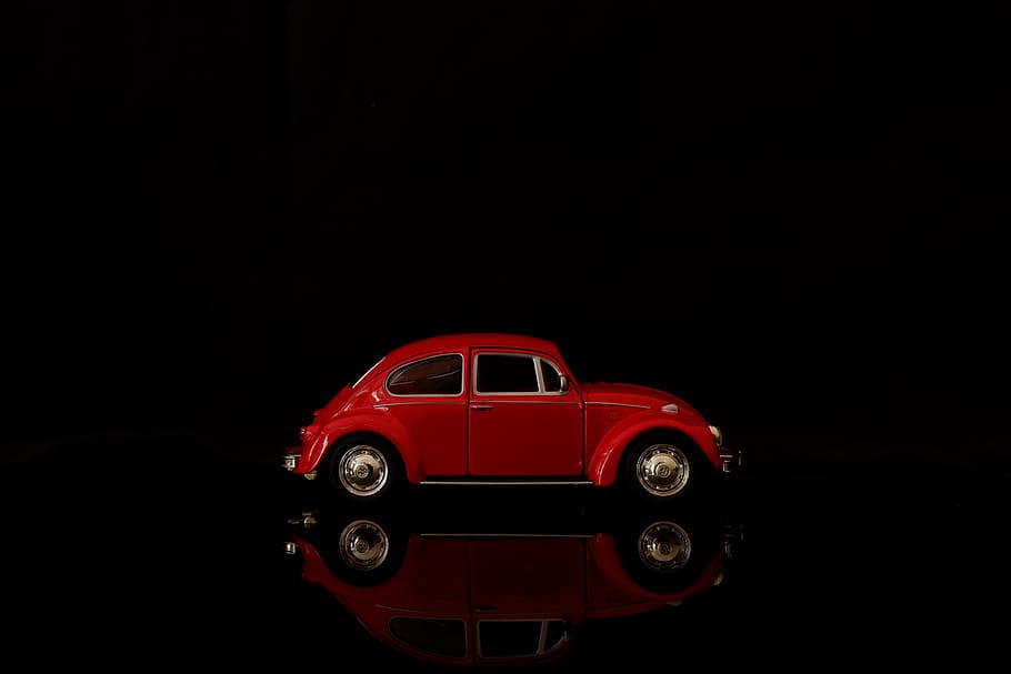 red Volkswagen Beetle scale model, car, toy, side view, classic HD wallpaper