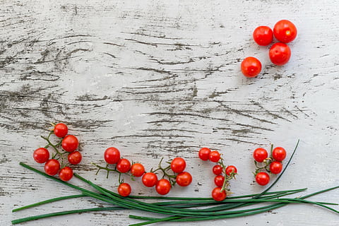 red cheery tomatoes on white surface, berry, bunch, card, cherry HD wallpaper