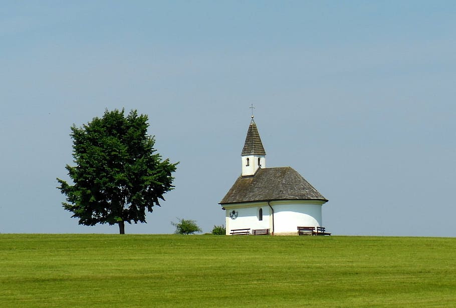 chapel, chiemgau, tree, idyll, blue sky, house of worship, meadow, HD wallpaper