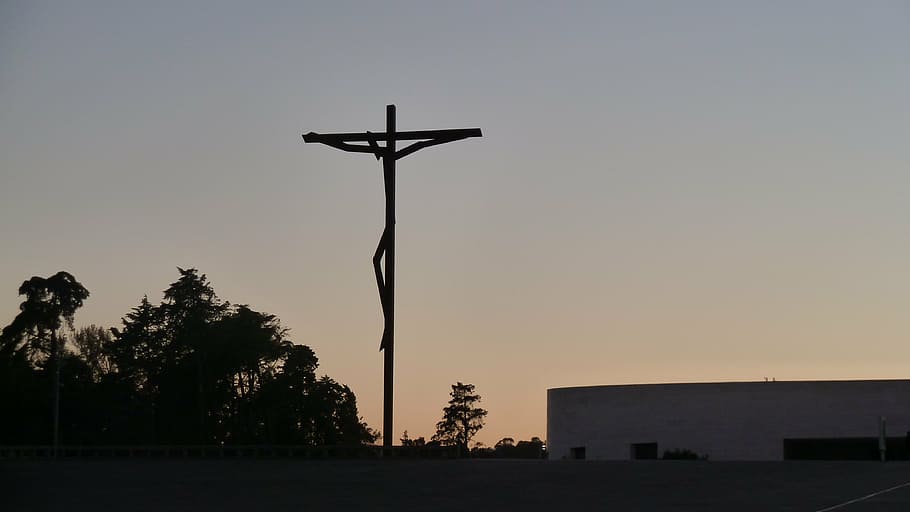 sunset, silhouette, crucifix, statue, fatima, portugal, sky HD wallpaper