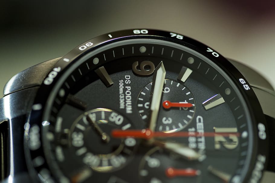 round black DS Podium chronograph watch, time, clock, brand, business