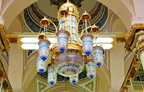 white and brown downlight chandelier, prophet, mosque, masjid HD wallpaper