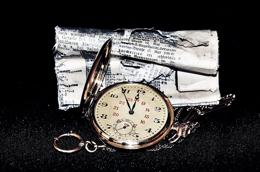 Pocket Watch, Clock, Newspaper, daily newspaper, rolled, old, HD wallpaper