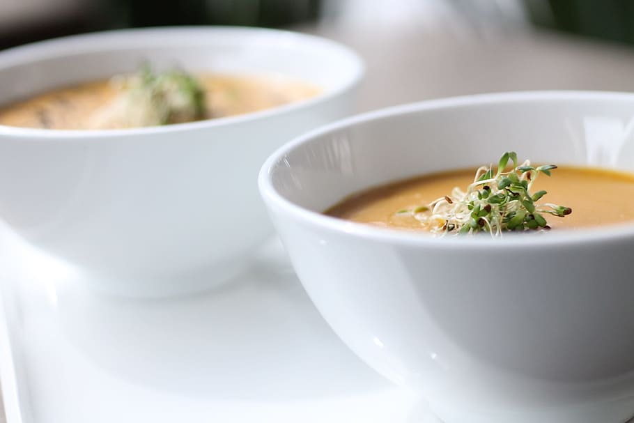 food served on two white bowls, soup, dinner, dish, vegetable HD wallpaper