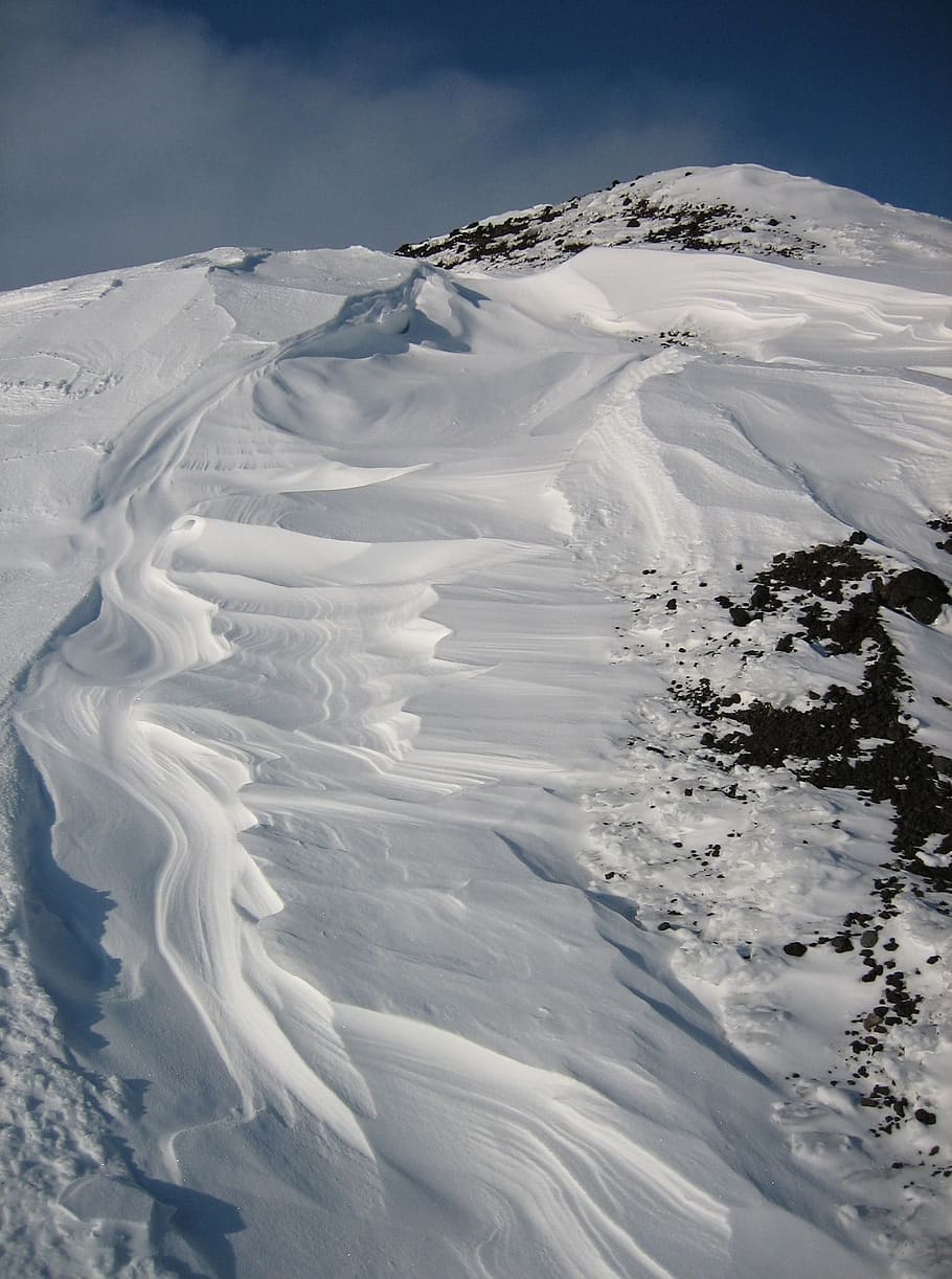 mountains, volcano, snow, silt, sastrugi, wind, snow waves HD wallpaper